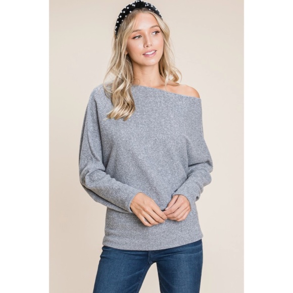 SOLD OUT Gray Solid Ribbed Off Shoulder Dolman Sweater - Picture 2 of 6